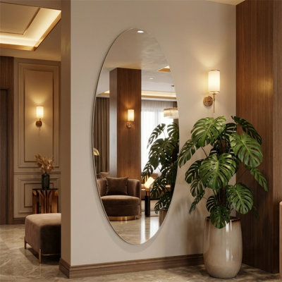 63" x 21" Modern Oval Full Length Wall Mirror, HD Copper-Free Silver Glass, Shatterproof Backing, Moisture-Resistant, 3 Installation Methods
