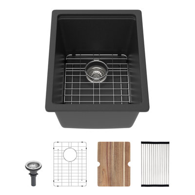 Évier de cuisine simple 15 po x 20 po en composite de quartz noir avec accessoires