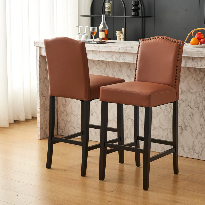 Ensemble de 2 tabourets de bar rembourrés pour îlot de cuisine avec pieds en bois d'hévéa et similicuir avec capacité de poids de 300 lb
