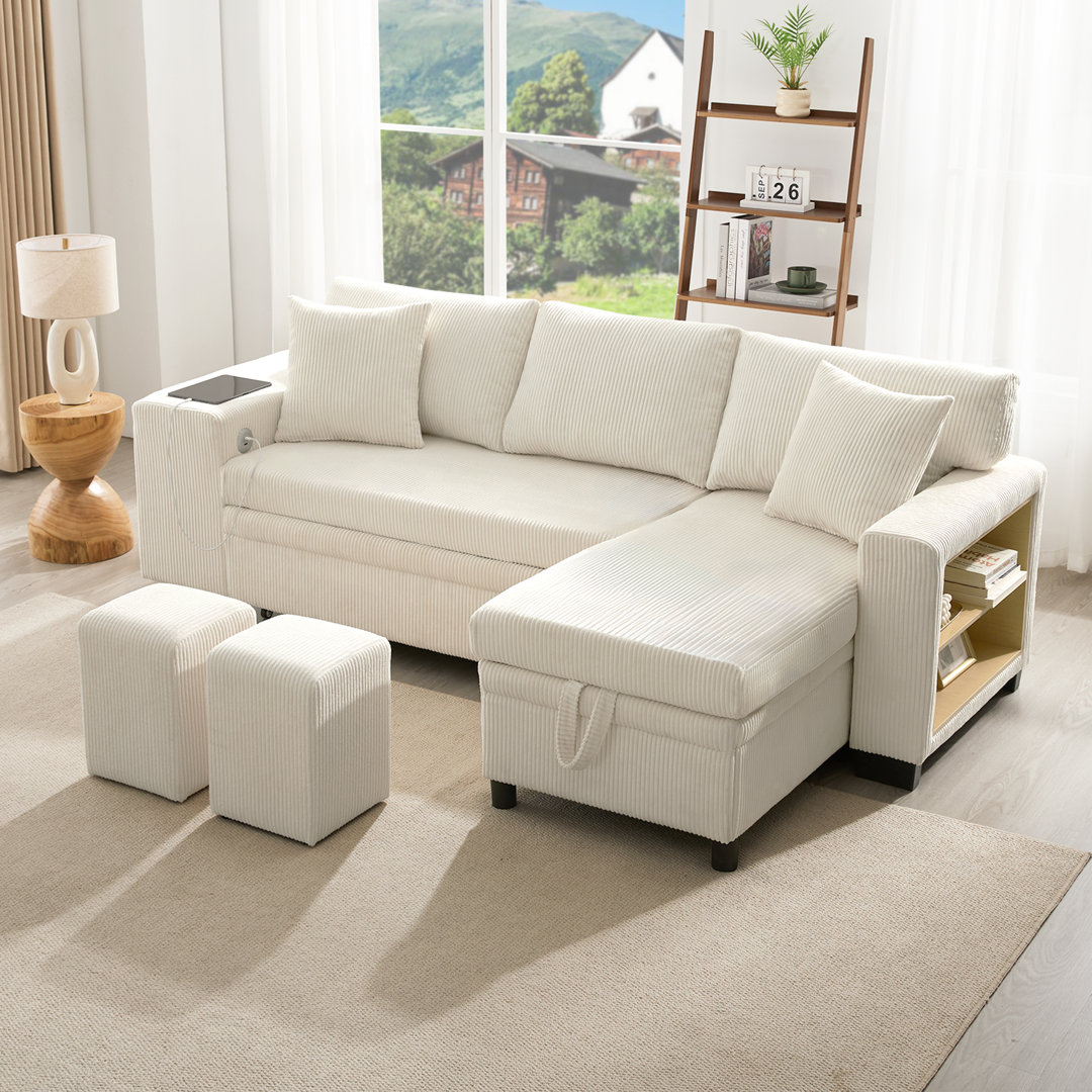 3 Seater Corduroy L-Shaped Sofa with Pull-out Bed, USB and 2 stools Grey