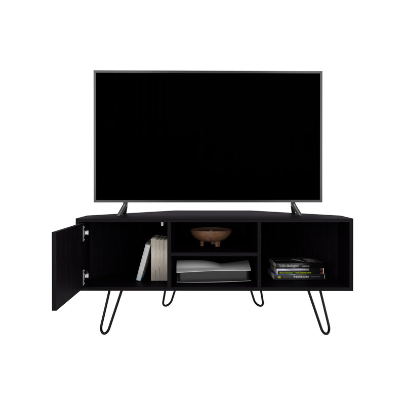 Meuble télé de coin Lancaster, avec deux tablettes et deux armoires, noir
