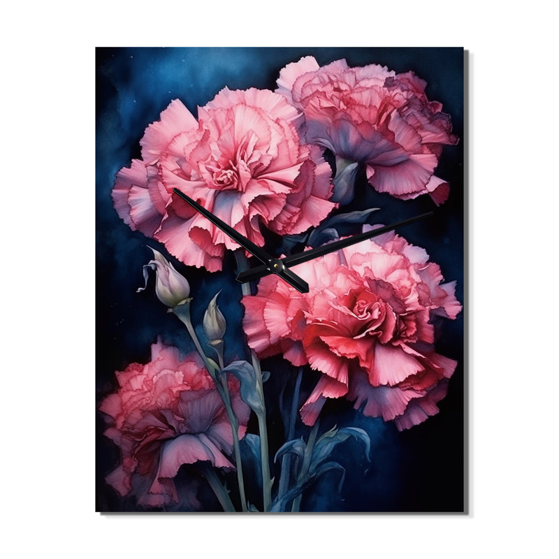 Horloge murale avec œillets roses sur encre, Très grand