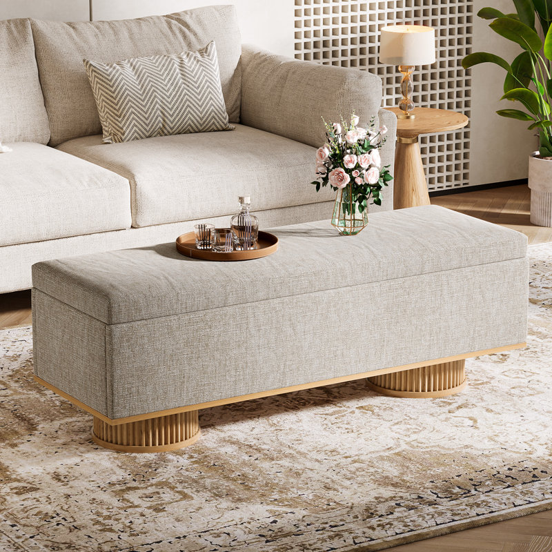 50.39" Upholstered Storage Bench With Padded Seat And Safety Hinge, Load Up To 330 Lb, Beige + Wood Color