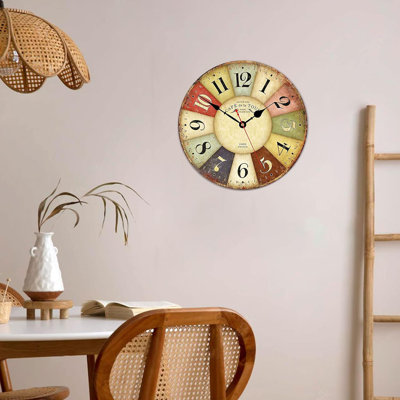 Clocks Battery Operated Wooden Wall Clock Retro Rustic Clock Decorative 14 Inch Arabic Numerals Colorful Silent Non Ticking Wall Clocks For Kitchen,Li