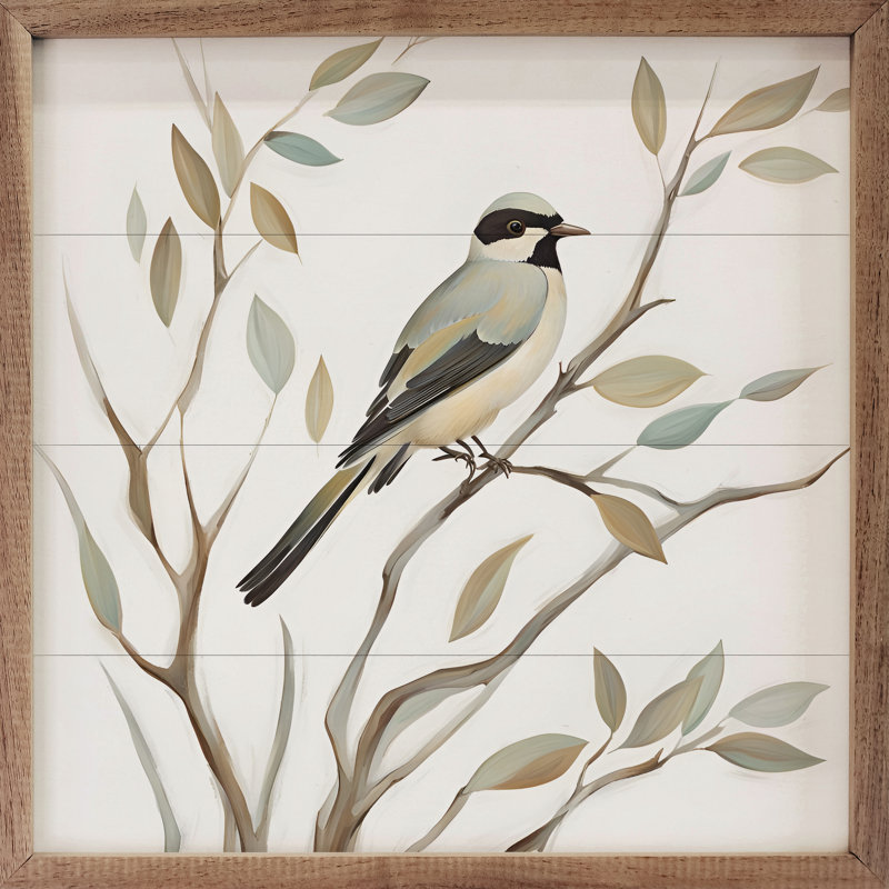 Oiseau seul sur une branche, encadré sur du bois, H 12 po x l 12 po