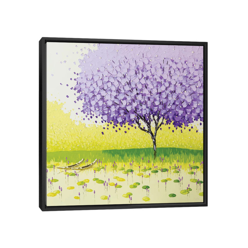 «Tranquil Season», peinture sur toile, H 18 po x l 18 po x P 1,5 po, Toile encadrée noire, Pas de tapis