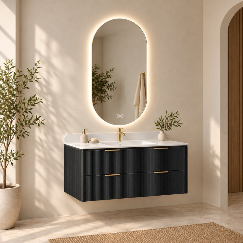 Ensemble meuble-lavabo suspendu noir de 122 cm avec lavabo intégré et miroir de courtoisie à DEL de 122 x 76 cm