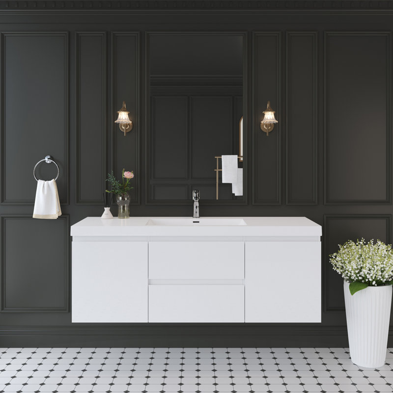 Meuble-lavabo mural de 60 po avec lavabo, meuble-lavabo mural moderne avec lavabo à surface solide et tiroirs à fermeture en douceur, blanc brillant