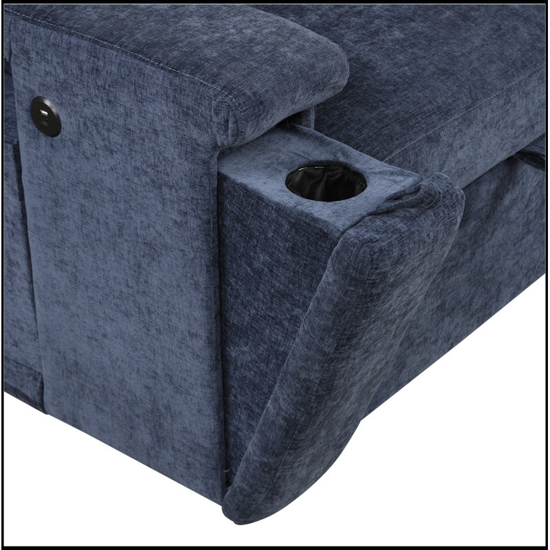 Canapé modulaire rembourré en L avec espace de rangement, ports USB et porte-gobelets sur les accoudoirs, Bleu