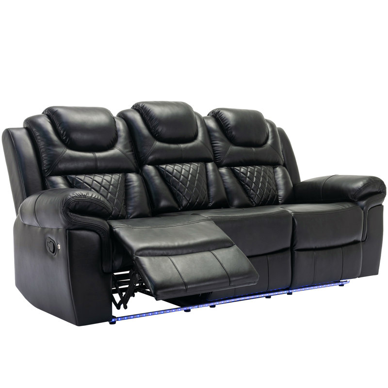 Home Theater Seating Manual Recliner Chair With Center Console And Led Light Strip For Living Room, Black