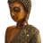 Brown Polystone Meditating Buddha Sculpture with Engraved Carvings and Relief Detailing