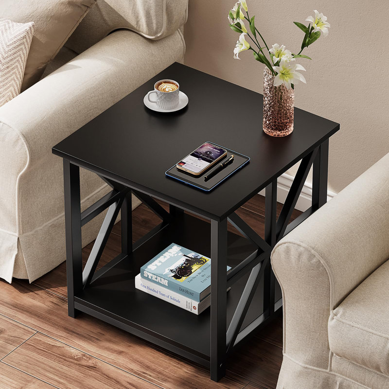 2-Tier Side Table with Storage, Black, Black