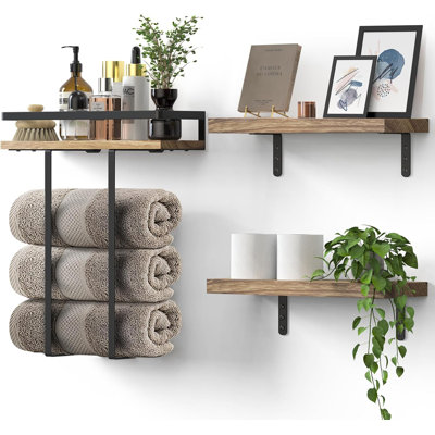 Floating Bathroom Towel Rack With Wall Mounted Shelves - Solid Wood Storage Organizer For Bathroom, Kitchen, Bedroom, Living Room - Rustic Farmhouse Style With Heavy-Duty Metal Brackets