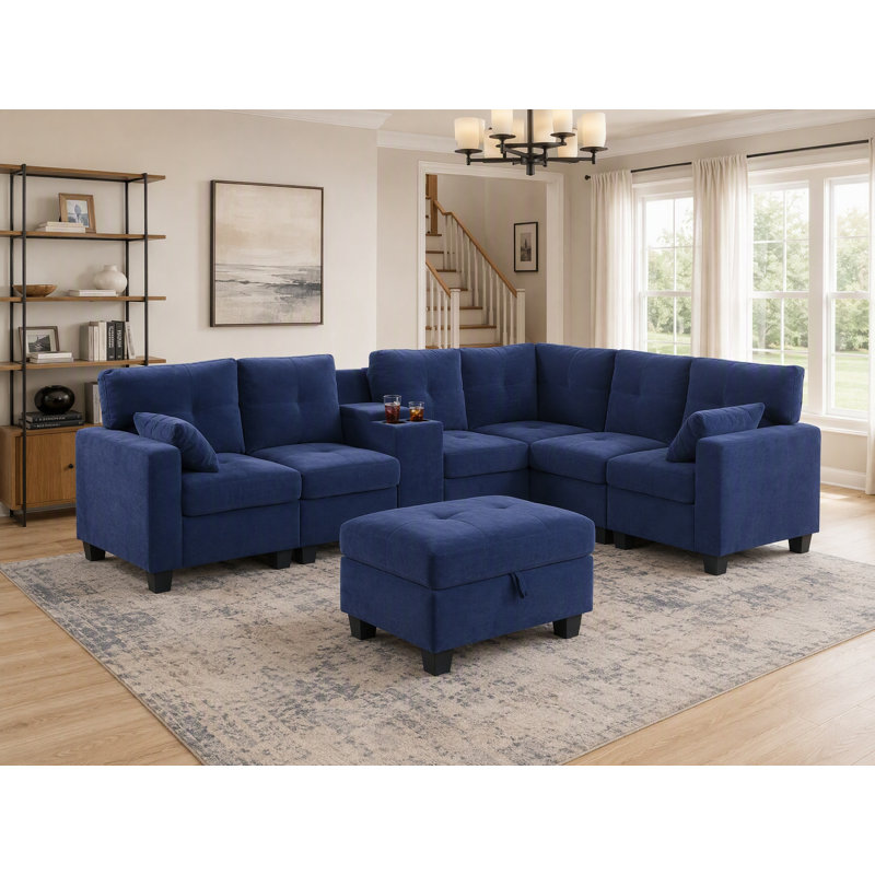 Canapé d'angle modulaire de 301,5 cm de large avec porte-gobelets, rangement, port USB et pouf de rangement