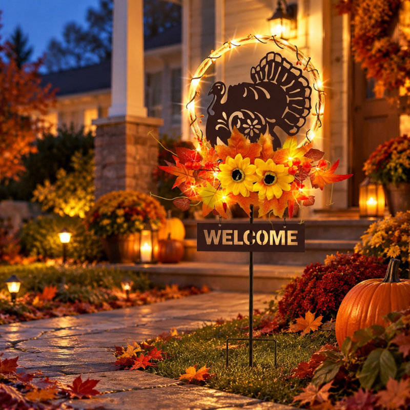 Piquet de jardin solaire de dinde de l'Action de grâce avec panneau de bienvenue, décor d'automne extérieur