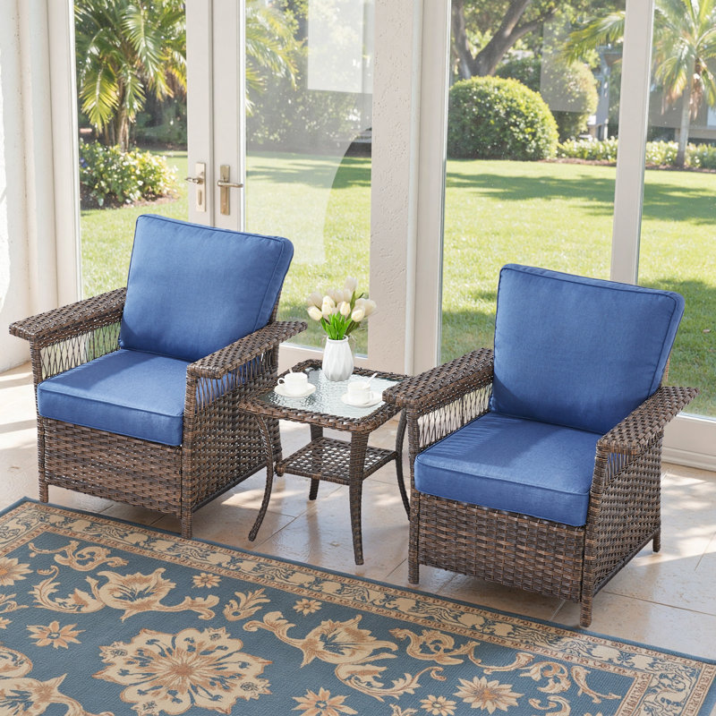 Chaises d'extérieur en osier avec coussin et table d'appoint Anferney, Bleu