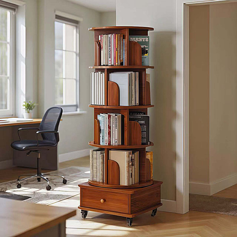 Rotating Bookshelf with Drawer, 360 Display 5 Tier Corner Bookshelf for Small Space, Floor Standing Bookcase Storage Rack, Wood Narrow Organizer for Bedroom, Living Room