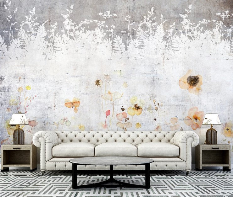 Papier peint amovible avec feuilles en béton et fleurs, L 106 po x l 187 po