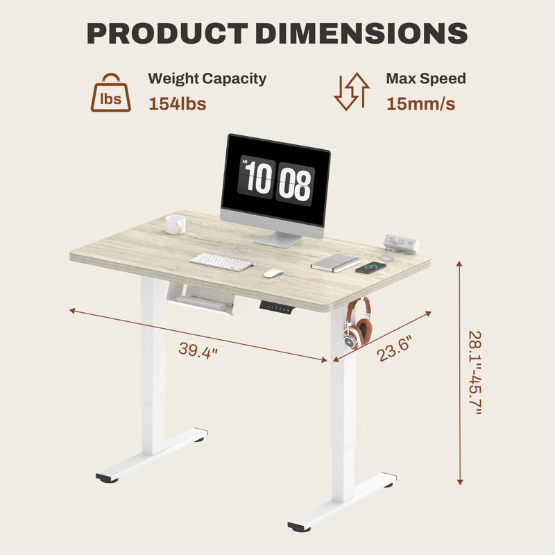 Bureau debout à hauteur ajustable avec ports USB et plateau de gestion des câbles Mancheer, 45.7" H x 40" W x 24" D