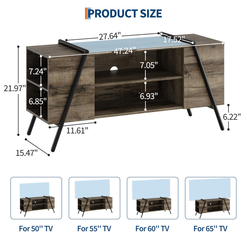 47" Industrial TV Stand for 50–55" TVs, Media Console with Slanted Metal Legs & Adjustable Open Shelves, Gray