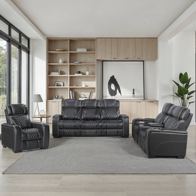 Keller 3-Piece Modern & Contemporary Power Reclining Living Room Set - Leather Power Reclining Chair, Loveseat & Sofa with Power Headrests, Drop-Down by Hokku Designs