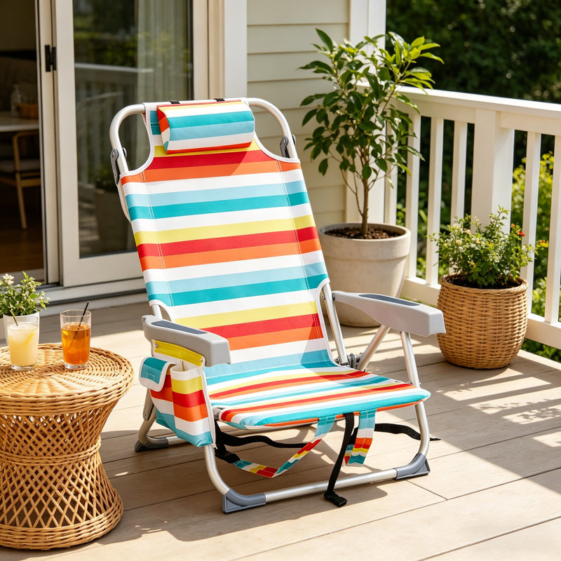 Chaise de plage réglable à 5 niveaux avec sac à dos, sac isotherme et sacs de rangement latéraux pour la plage, la piscine et la pelouse