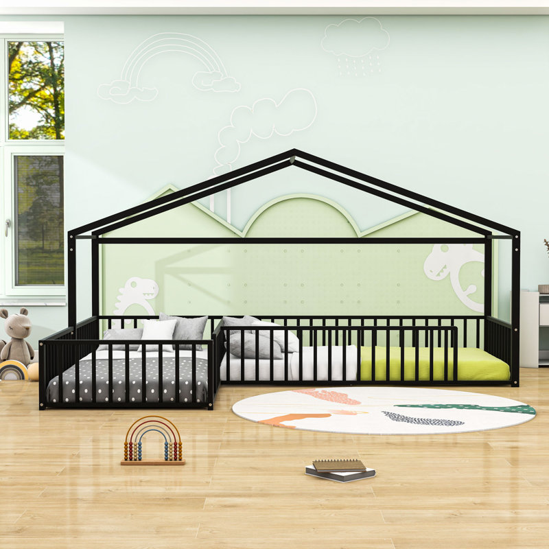 Twin &Twin Metal House-Style Montessori Bed With Guardrails, Black
