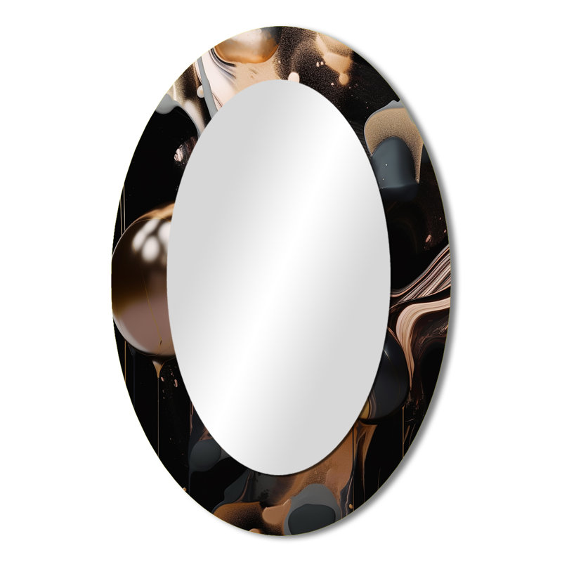 Gold Black Journey Through Marble IV - Abstract Oval Decorative Mirror On Metal, 36" x 24"