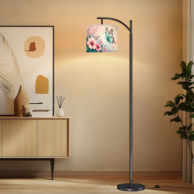 Arc Floor Lamp with Adjustable Lampshade Soft Pink Floral Bouquet Butterfly Pastel Colors Standing Lamp 3 Color Temperatures Dimmable Tall Pole Lamp with Foot Switch for Bedroom
