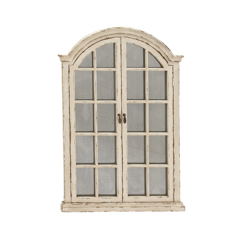 Cream Wood Windowpane Arched Wall Mirror with Distressed Finish