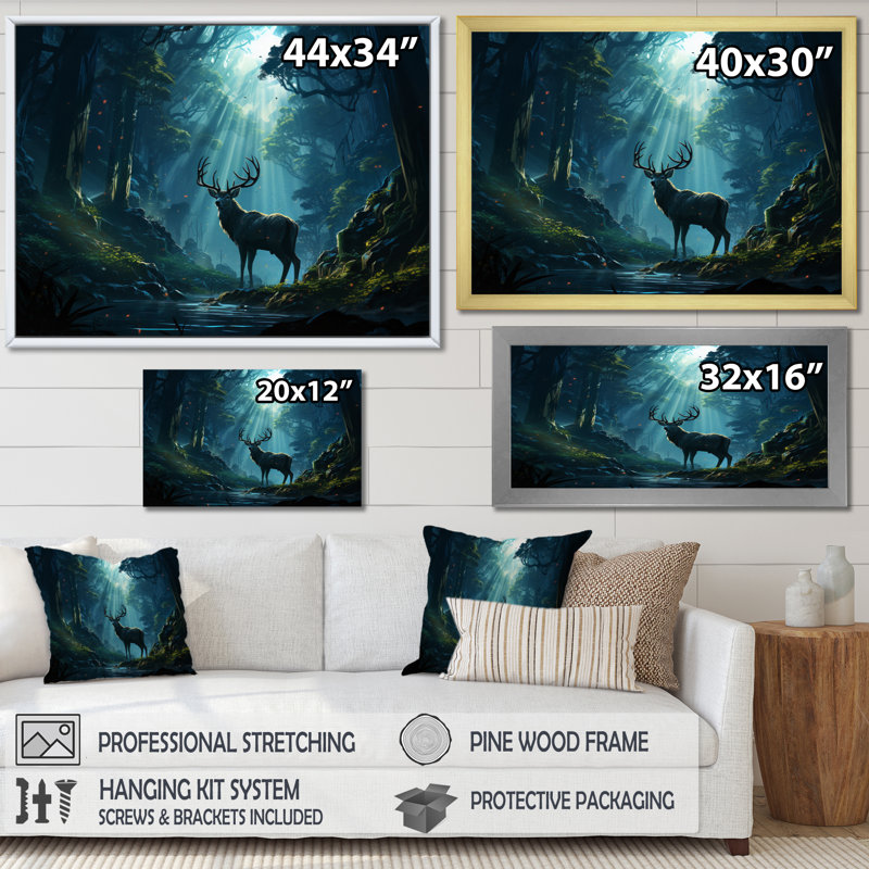 Deer Dancing Shadows - Animals Canvas Art Print, Cadre simple noir, H 16 po x l 32 po x P 1 po