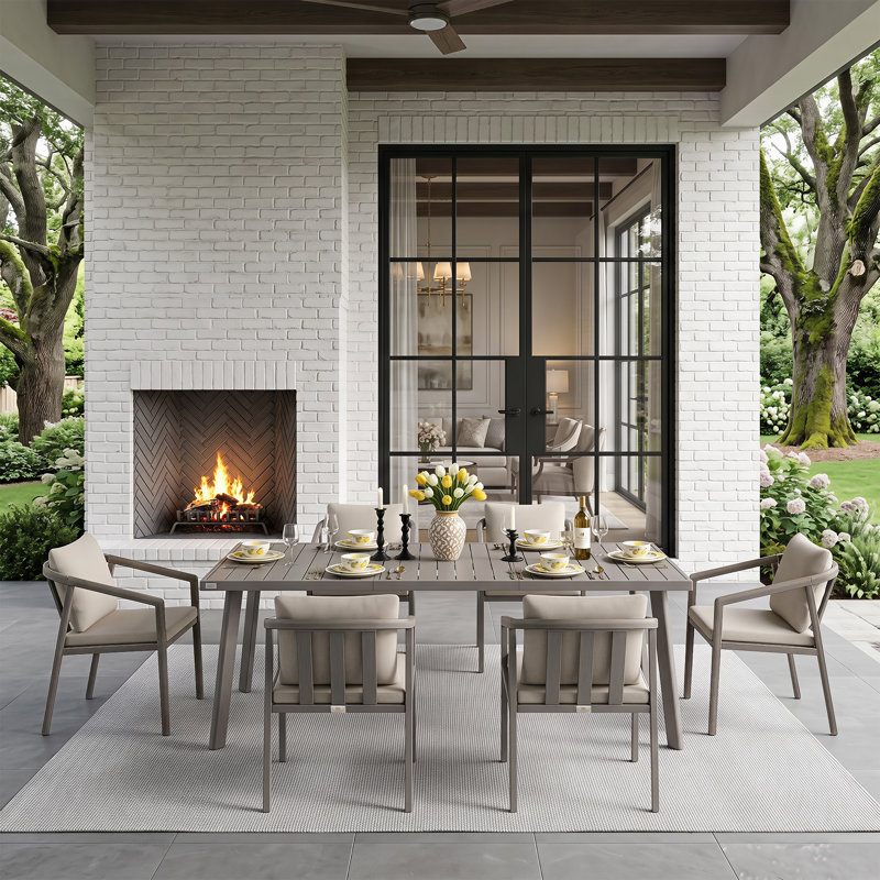 Ensemble repas rectangulaire pour 6 personnes avec trou pour parasol et coussins de patio, 7 Pieces: Table, 6 Fixed Chairs