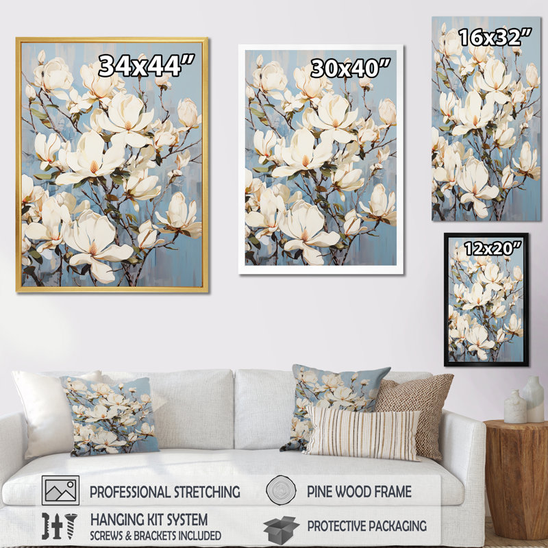 Magnolias en fleurs en blanc, Cadre simple argenté, H 32 po x l 16 po x P 1 po