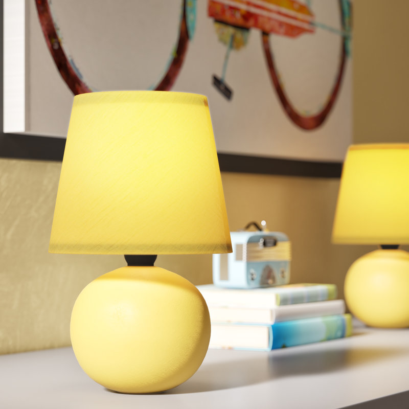 Petite Yellow Ceramic Orb Base Table Lamp Set with Tapered Drum Shade