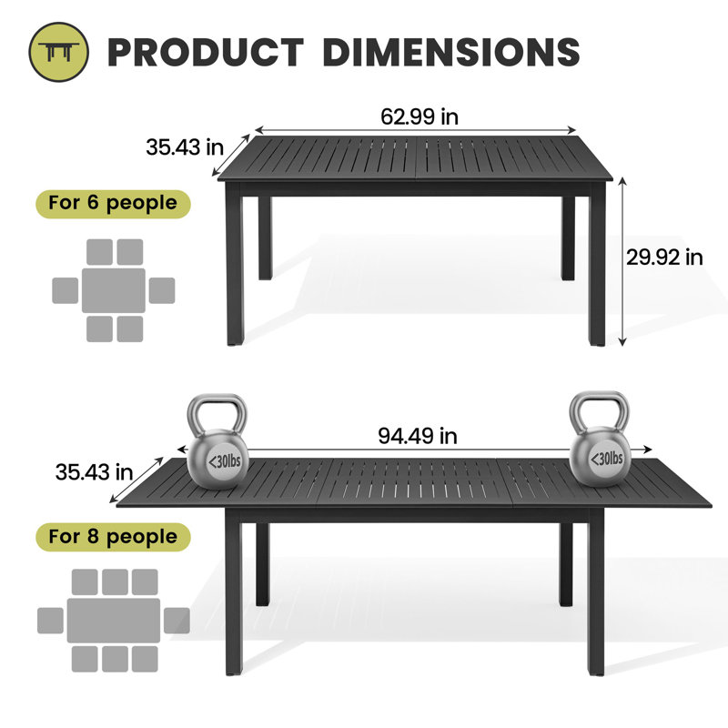 Table de salle à manger extensible en aluminium 94,5 "L pour 6 à 8 personnes