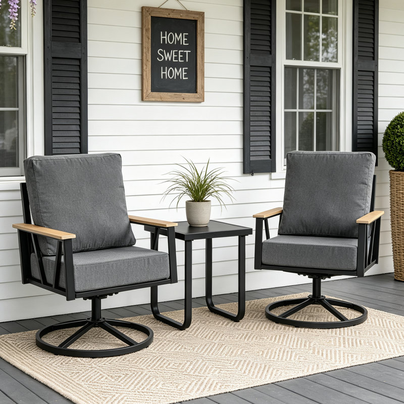 Ensemble de conversation pour patio 2 personnes, chaises berçantes pivotantes d'extérieur en métal avec coussins et table basse