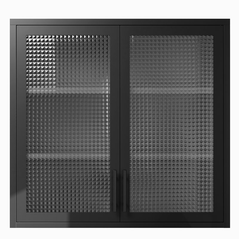 Armoire de style rétro avec portes en verre brumeux - 2 tablettes réglables en acier noir pour salle de bain