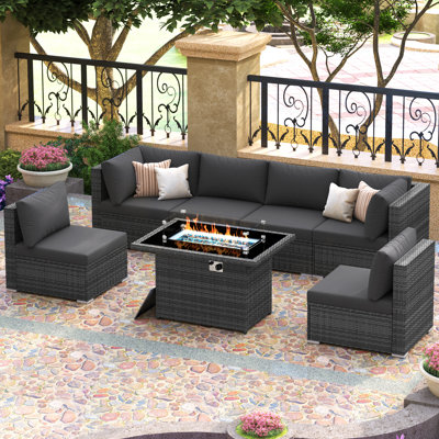 7-Piece Outdoor Furniture Set with Fire Pit Patio Wicker Conversation Set Cushions