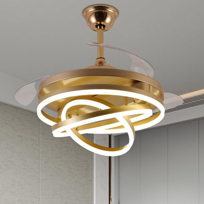 42" Invisible LED Ceiling Fans, Modern Chandelier Ceiling Fan With Remote Silent DC Motor Fuction Retractable Ceiling Fan For Bedroom Dining Room（Gold）