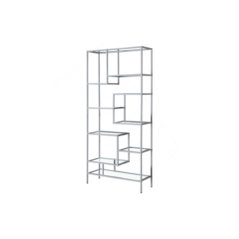 Bibliothèque, bibliothèque, étagère, H 72 po, bureau, chambre à coucher, verre trempé transparent, métal gris, contemporain, moderne