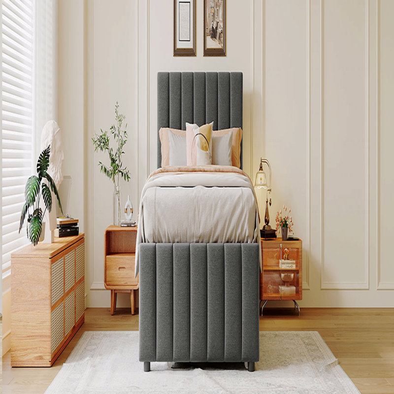 Lit plateforme tapissier simple avec lit gigogne et 3 tiroirs, tissu en lin