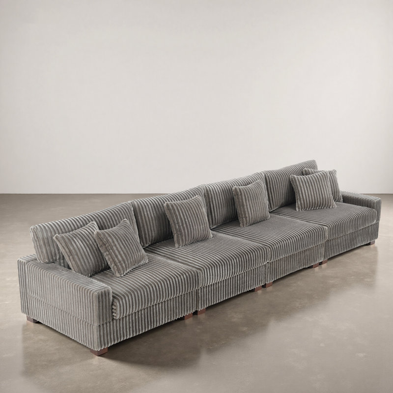 4 - Piece Upholstered Faux Rabbit Fur Flannel Modular Sectional Sofa with Armrests & Throw Pillows, Light Grey
