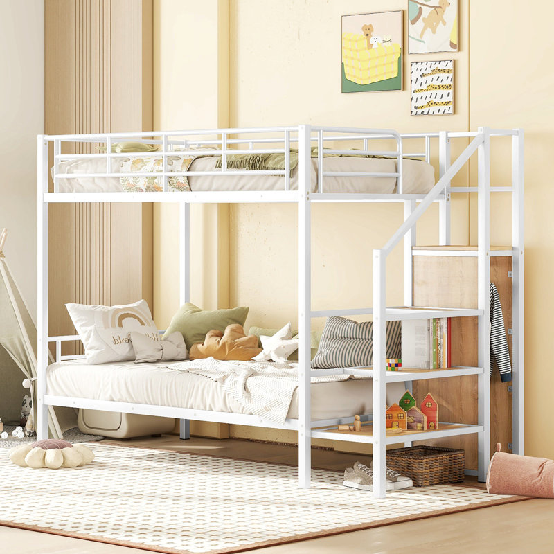 Lit superposé en métal avec échelle de rangement latérale et garde-robe, Blanc