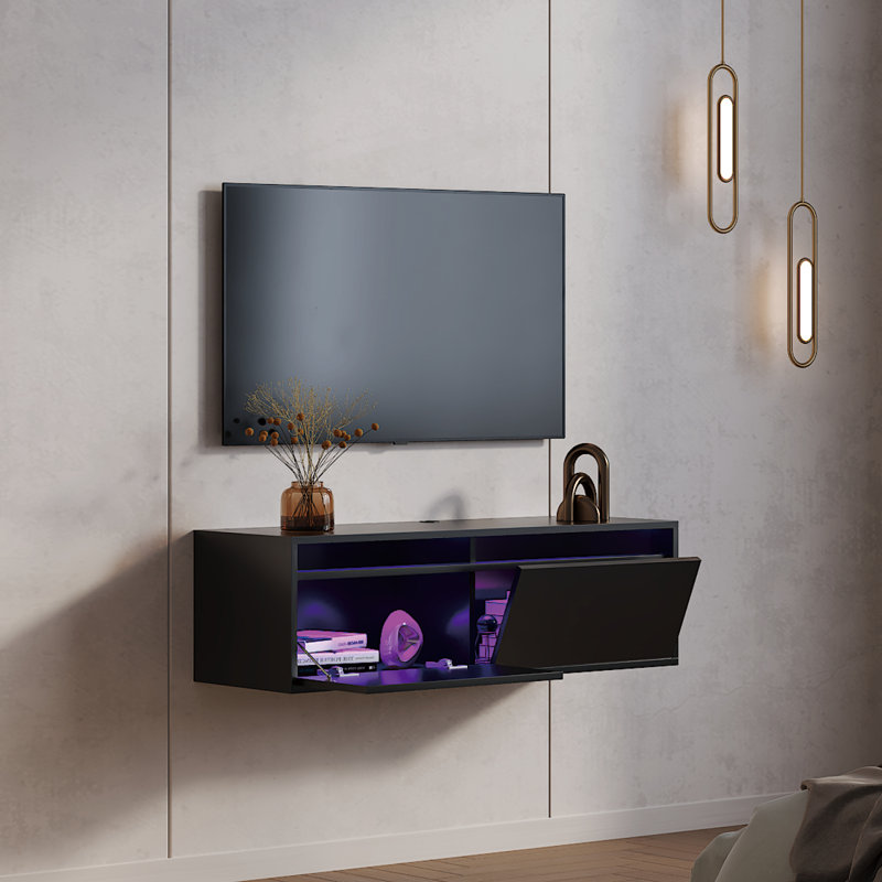Meuble télé mural avec 2 tiroirs, centre de divertissement flottant pour le salon, H 11,8 po x l 39,4 po, Noir
