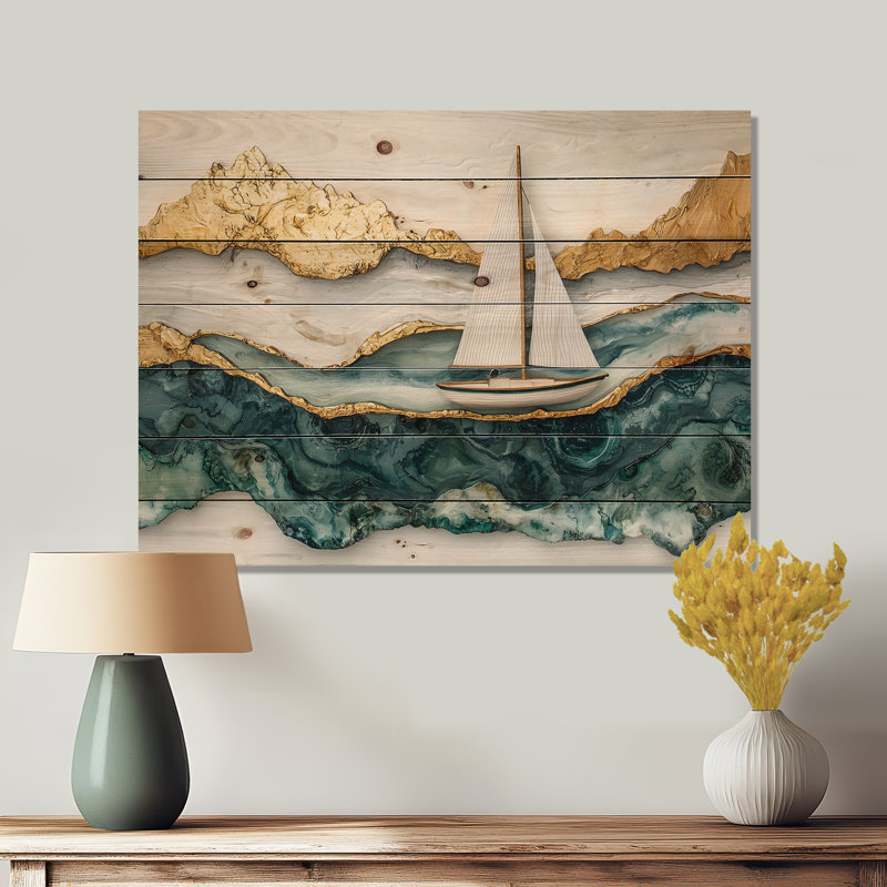 Voilier doré sur l'océan Emerald IV - décoration murale bateau en bois - sur bois de pin naturel
