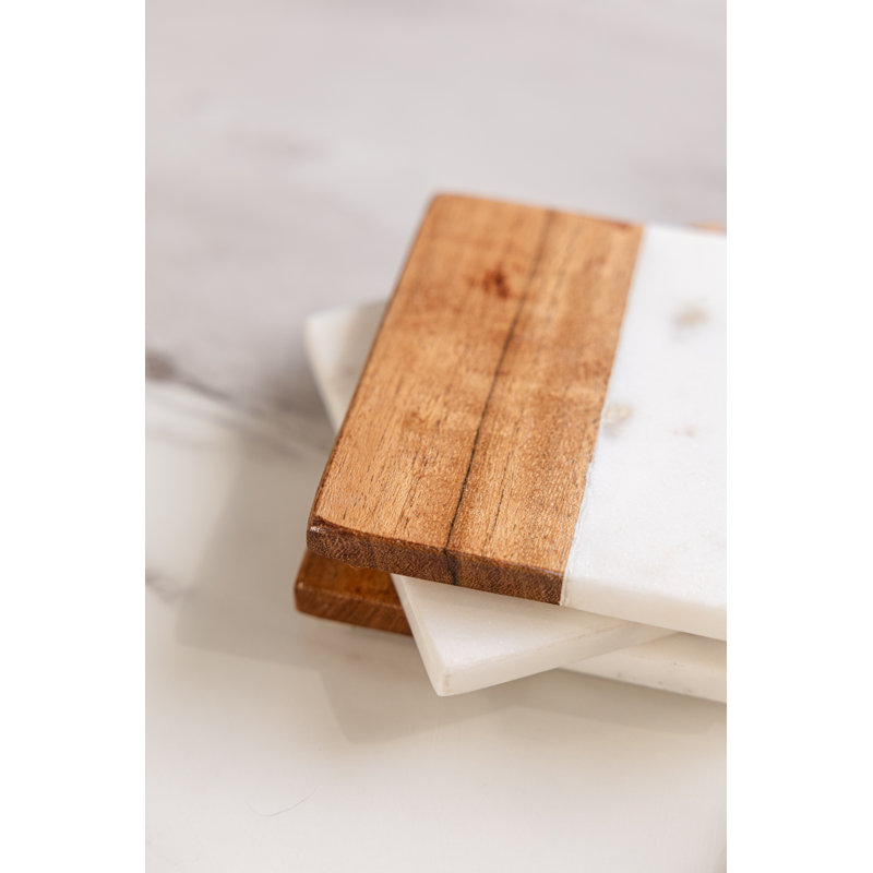 Set Of Four Square Wood And Marble Coasters With Stand