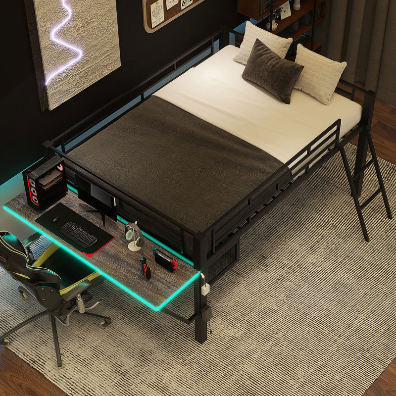 Lit mezzanine avec bureau Gaming, DEL, double, noir
