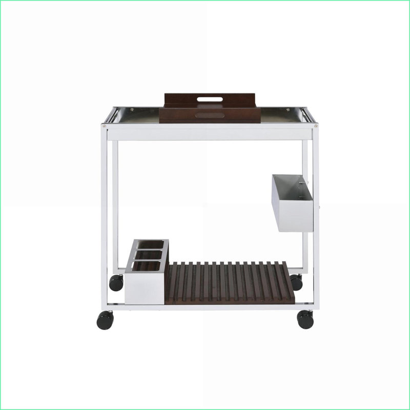 Chariot de service moderne avec support à vin, étagère à verres à pied et roulettes | Chrome, métal