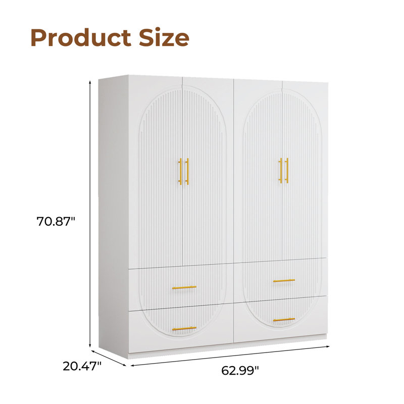 White Modern Style Bedroom Wardrobe - MDF Construction with 4 Drawers & Spacious Storage