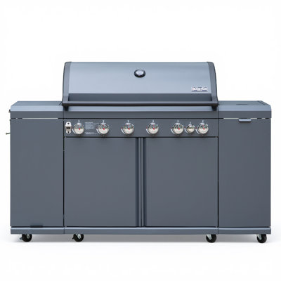 Brand-Man 6-Burner Gas Outdoor Kitchen Grill Island, LPG/NG Convertible, with Side Burner, Folding Table & Storage Cabinets, 72,000 BTU